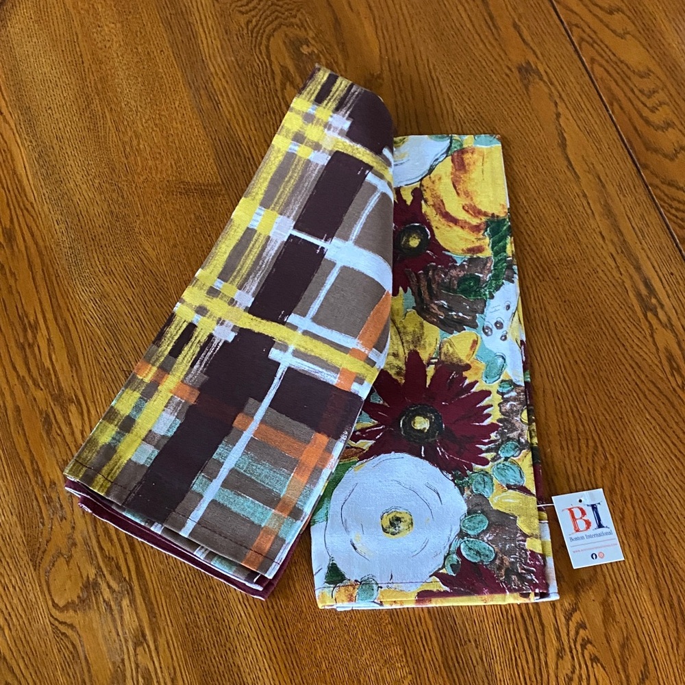 Colorful Floral & Plaid Cotton Dish Towel Set - Yellow, Brown, Red